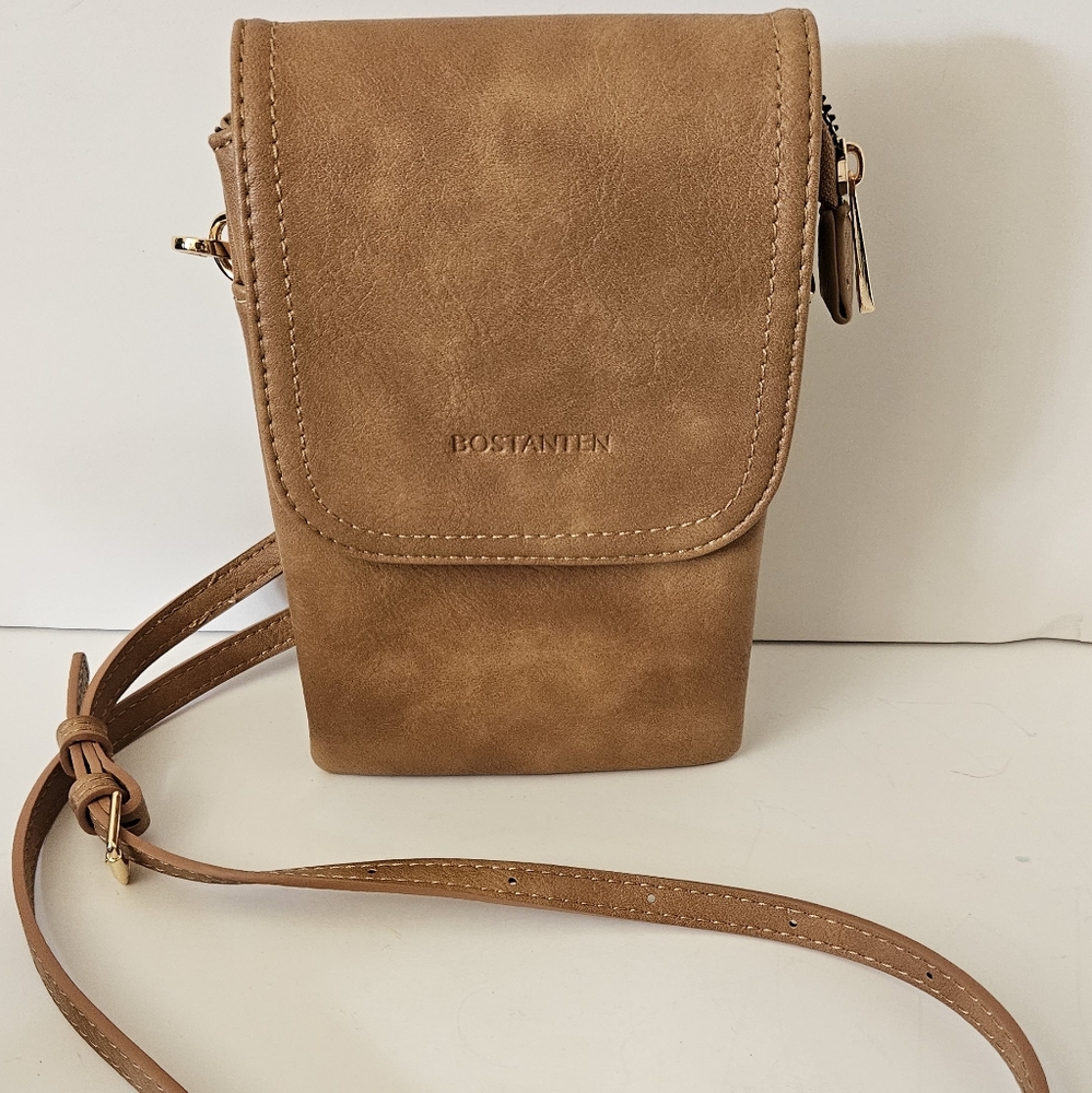 Bostanten Smooth Tan Genuine Leather Crossbody Bag 3 Compartment Travel